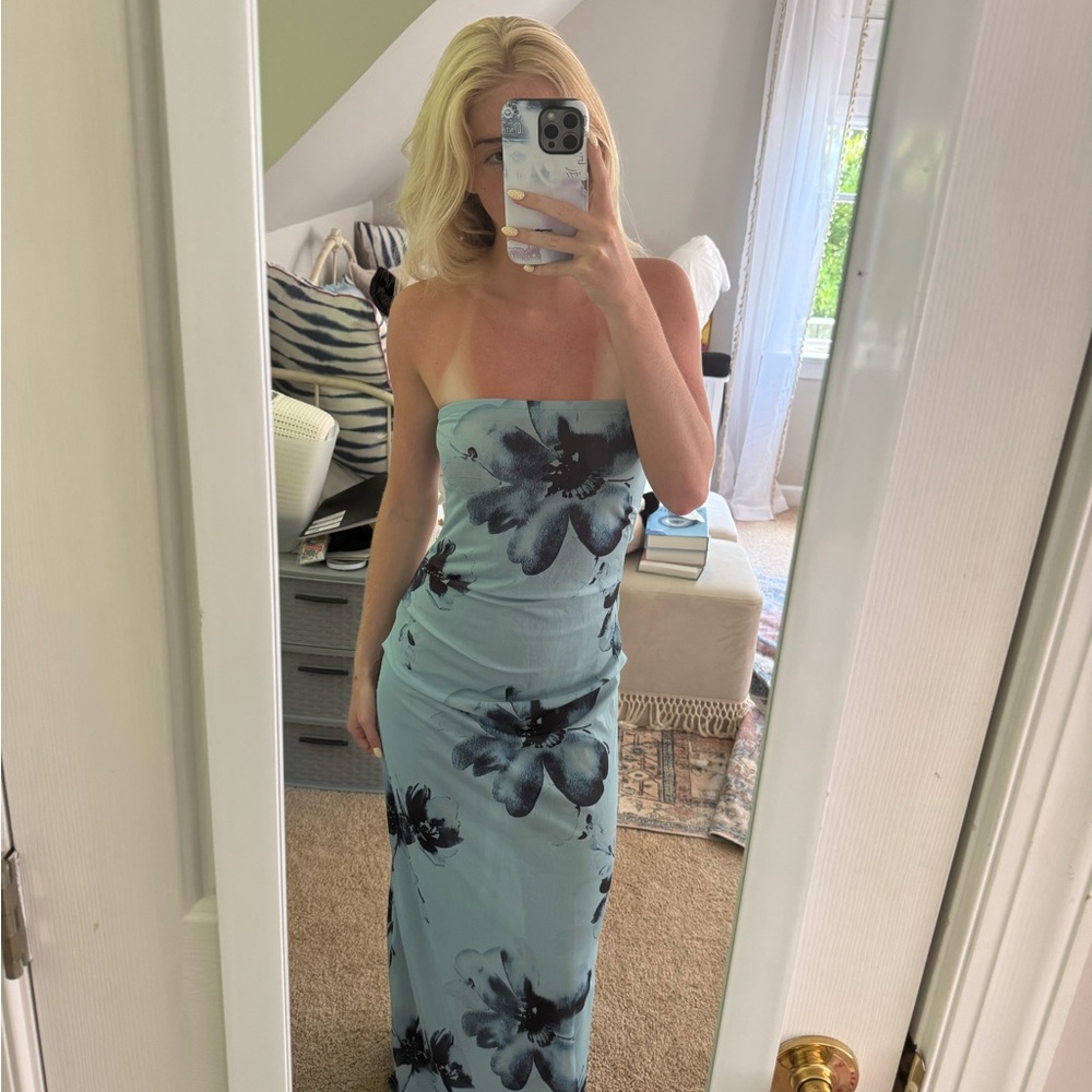 Peppermayo Strapless Floral Maxi Dress - Light Blue and Black